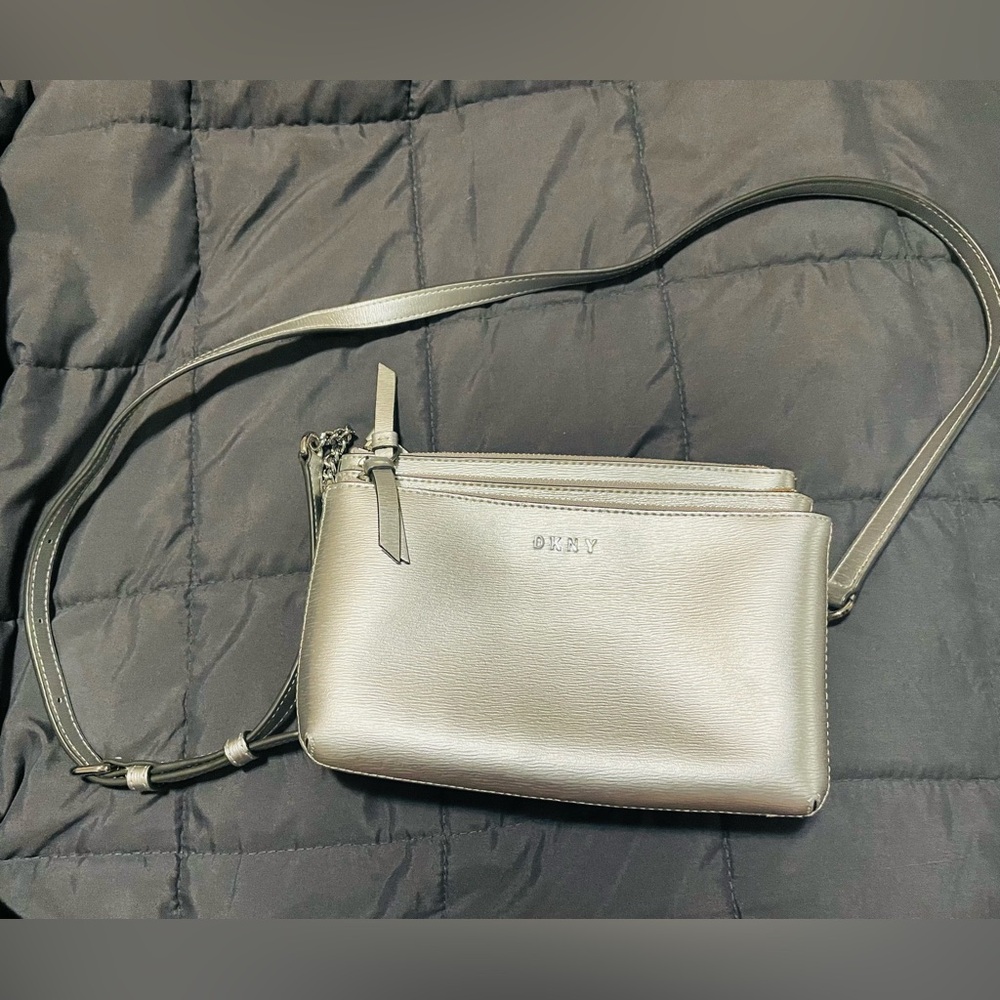 DKNY Metallic Silver Triple Zipper Crossbody